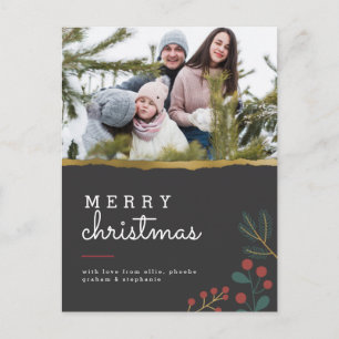 Zwarte & Gold Cute Merry-kerstfamilie Foto Briefkaart