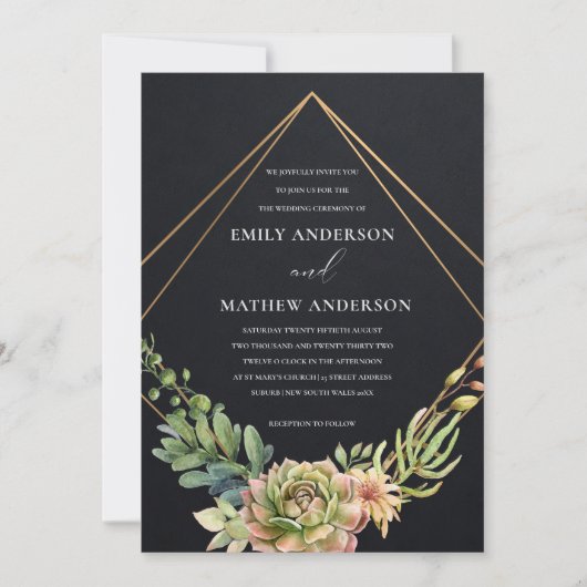 ZWARTE GOLD DESERT SUCCULENT CACTI FOLIAGWEDDING KAART (Voorkant)