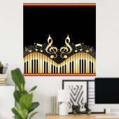 Zwarte Gold- en zwarte Muzieknoten achtergrond Poster (Thuiskantoor)