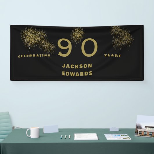 Zwarte & Gold Fireworks 90th Black Birthday Party Spandoek (Beurs)