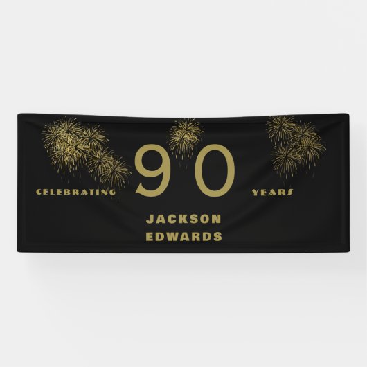 Zwarte & Gold Fireworks 90th Black Birthday Party Spandoek (Horizontaal)