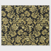 Zwarte & Gold Floral Damaskers Cadeaupapier (Vlak)