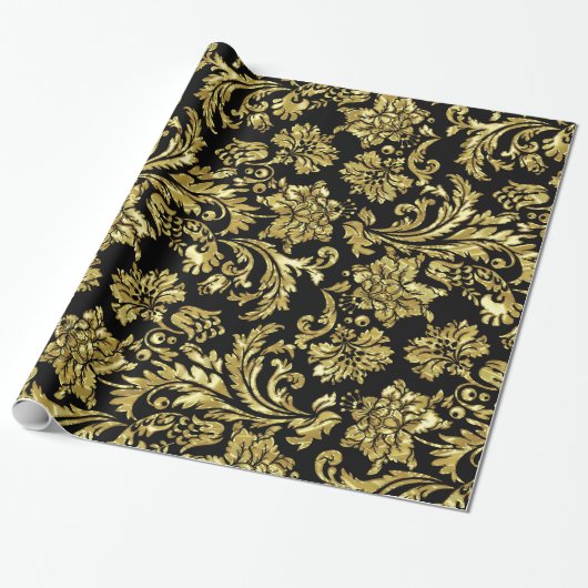 Zwarte & Gold Floral Damaskers Cadeaupapier (Uitgerold)