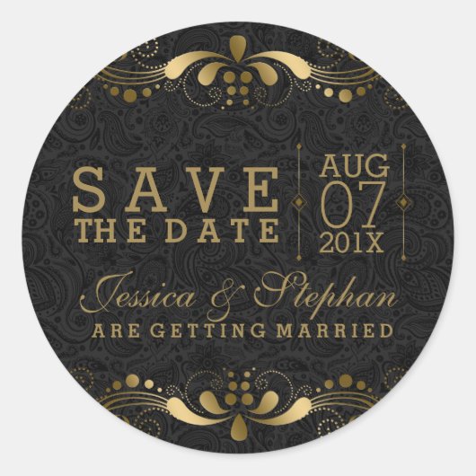 Zwarte & Gold Floral-zijde sparen de datum Ronde Sticker (Voorkant)
