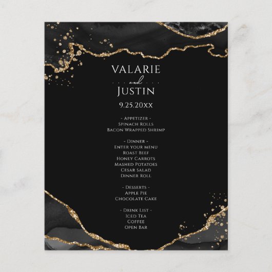 Zwarte Gold Glitter Agate Budget Weduwen Menu Flye (Voorkant)
