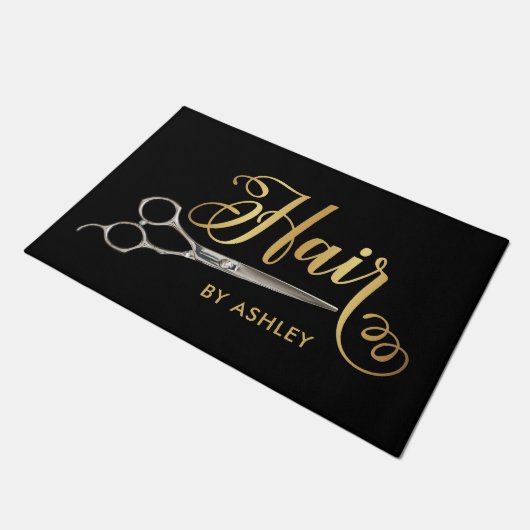 Zwarte & Gold Haarstylist Salon Name Deurmat (Schuin)