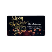 Zwarte & Gold Kerstmis en Happy Nieuwjaar Typograf Etiket (Voorkant)