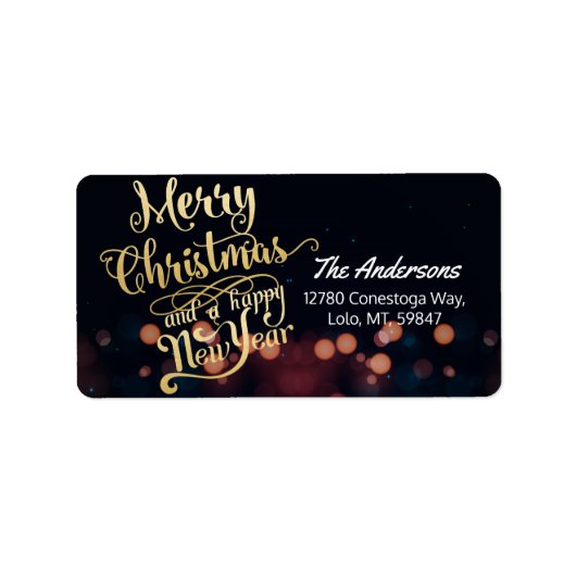 Zwarte & Gold Kerstmis en Happy Nieuwjaar Typograf Etiket (Voorkant)