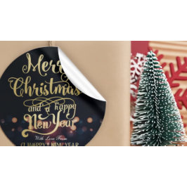 Zwarte & Gold Kerstmis en Happy Nieuwjaar Typograf Ronde Sticker