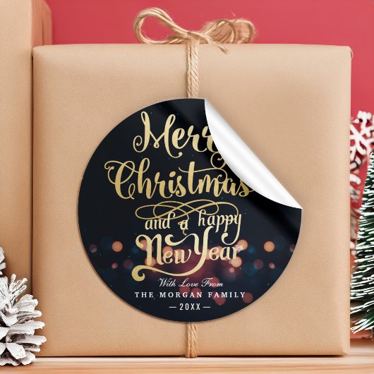Zwarte & Gold Kerstmis en Happy Nieuwjaar Typograf Ronde Sticker