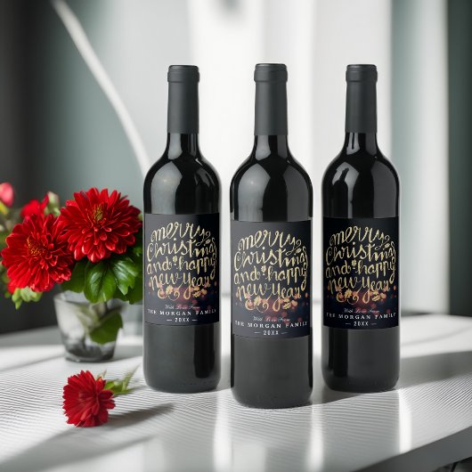 Zwarte & Gold Kerstmis en Happy Nieuwjaar Typograf Wijn Etiket