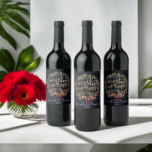 Zwarte & Gold Kerstmis en Happy Nieuwjaar Typograf Wijn Etiket