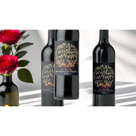 Zwarte & Gold Kerstmis en Happy Nieuwjaar Typograf Wijn Etiket