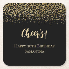 Zwarte Gold-luipaard afdrukken Glitter Birthday Kartonnen Onderzetters