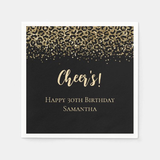 Zwarte Gold-luipaard afdrukken Glitter Birthday Servet (Voorkant)