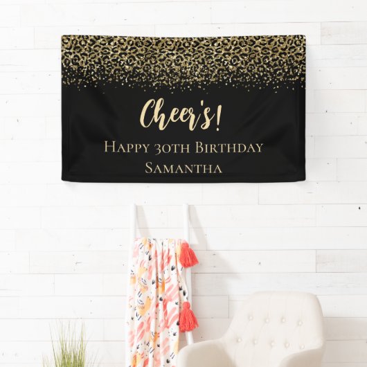 Zwarte Gold-luipaard afdrukken Glitter Birthday Spandoek (Insitu)