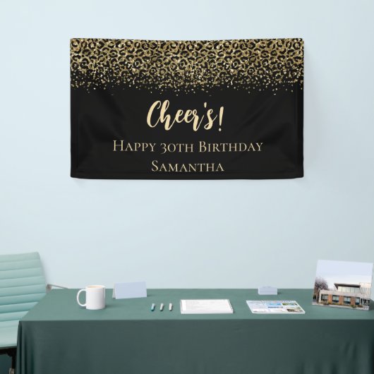 Zwarte Gold-luipaard afdrukken Glitter Birthday Spandoek (Beurs)