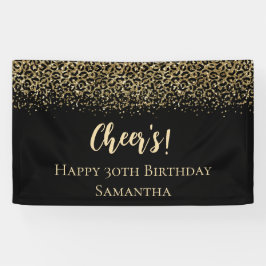 Zwarte Gold-luipaard afdrukken Glitter Birthday Spandoek