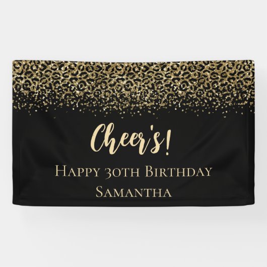 Zwarte Gold-luipaard afdrukken Glitter Birthday Spandoek (Horizontaal)