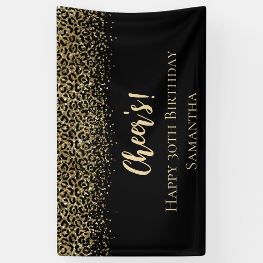 Zwarte Gold-luipaard afdrukken Glitter Birthday Spandoek (Verticaal)
