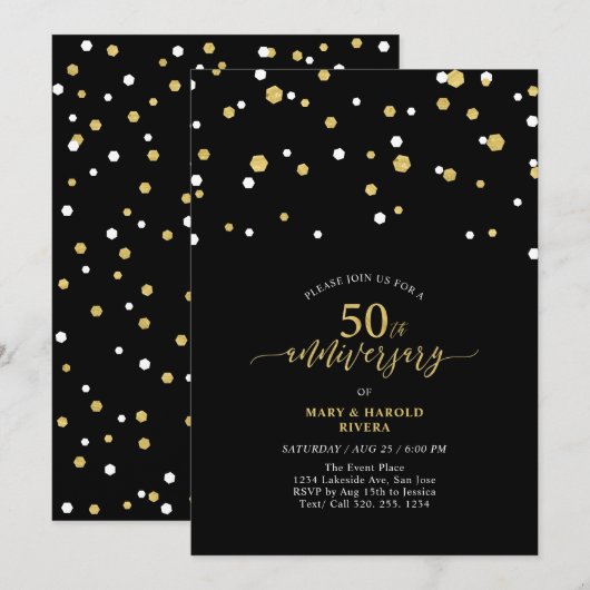 Zwarte & Gold Modern 50e bruiloft Jubileum Partij Kaart (Voorkant / Achterkant)