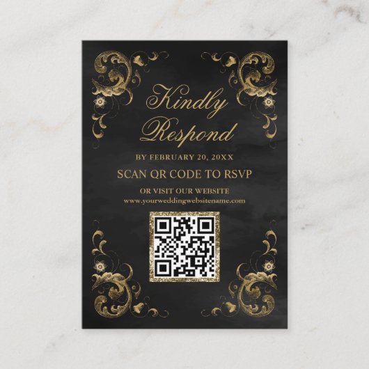 Zwarte Gold QR-code RSVP Weduwwebsite Informatiekaartje (Voorkant)
