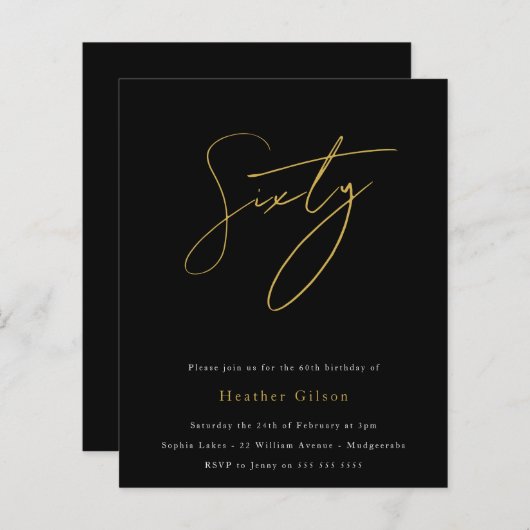 Zwarte & Gold Script Budget 60e verjaardag Uitnodi (Voorkant / Achterkant)