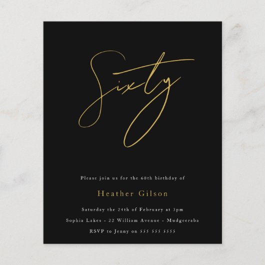 Zwarte & Gold Script Budget 60e verjaardag Uitnodi (Voorkant)