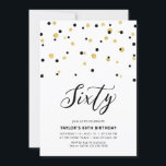 Zwarte & Gold Simple 60th Birthday Party Kaart<br><div class="desc">Viel je speciale dag met deze minimale uitnodiging van het 60ste verjaardagsfeest. Dit ontwerp is voorzien van een stijlvol letterschrift "Sixty" met zeshoekig confetti met een zwart-gouden kleurencombinatie. Meer design beschikbaar in mijn winkel BaraBomDesign.</div>