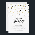Zwarte & Gold Simple 60th Birthday Party Kaart<br><div class="desc">Viel je speciale dag met deze minimale uitnodiging van het 60ste verjaardagsfeest. Dit ontwerp is voorzien van een stijlvol letterschrift "Sixty" met zeshoekig confetti met een zwart-gouden kleurencombinatie. Meer design beschikbaar in mijn winkel BaraBomDesign.</div>