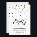 Zwarte & Gold Simple 80th Birthday Party Kaart<br><div class="desc">Viel je speciale dag met deze minimale uitnodiging voor het 80ste verjaardagsfeest. Dit ontwerp is voorzien van een stijlvol letterschrift "Eighty" met zeshoekig confetti met een zwart-gouden kleurencombinatie. Meer design beschikbaar in mijn winkel BaraBomDesign.</div>