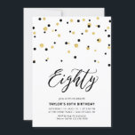 Zwarte & Gold Simple 80th Birthday Party Kaart<br><div class="desc">Viel je speciale dag met deze minimale uitnodiging voor het 80ste verjaardagsfeest. Dit ontwerp is voorzien van een stijlvol letterschrift "Eighty" met zeshoekig confetti met een zwart-gouden kleurencombinatie. Meer design beschikbaar in mijn winkel BaraBomDesign.</div>