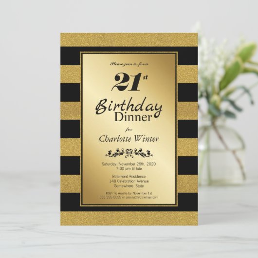 Zwarte & Gold Striped 21st geboortedag Kaart (Staand voorkant)