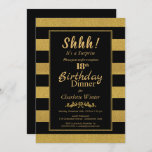 Zwarte & Gold Striped Surprise 18th Birthday Dinne Kaart<br><div class="desc">Een elegante zwarte en gouden glitter stak de verrassing van de 18de uitnodiging van het verjaardagsfeest.</div>