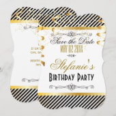 Zwarte & Gold Stripes met Confetti Save The Date (Voorkant / Achterkant)