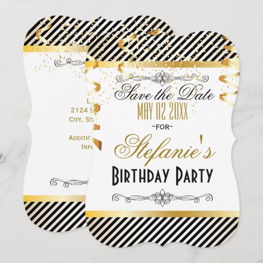 Zwarte & Gold Stripes met Confetti Save The Date (Voorkant / Achterkant)
