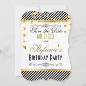 Zwarte & Gold Stripes met Confetti Save The Date (Voorkant)