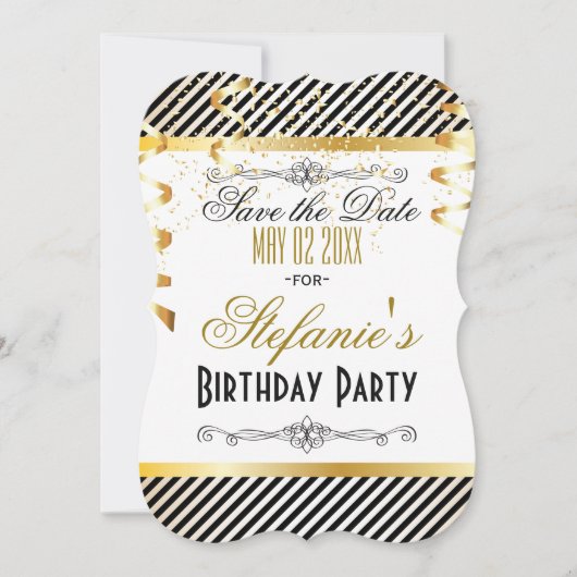 Zwarte & Gold Stripes met Confetti Save The Date (Voorkant)