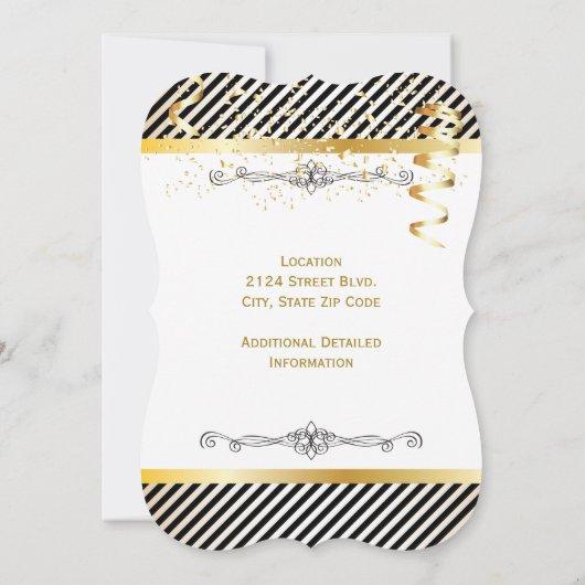 Zwarte & Gold Stripes met Confetti Save The Date (Achterkant)