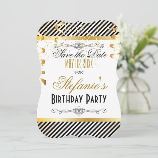 Zwarte & Gold Stripes met Confetti Save The Date (Staand voorkant)