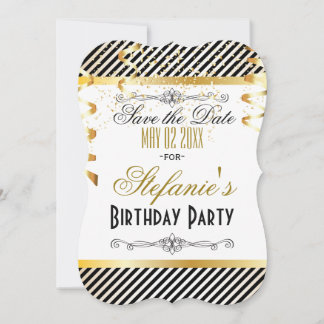 Zwarte & Gold Stripes met Confetti Save The Date
