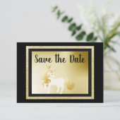 Zwarte Gold Unicorn Birthday Party Save the Date Kaart (Staand voorkant)