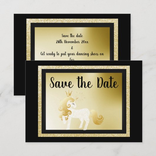 Zwarte Gold Unicorn Birthday Party Save the Date Kaart (Voorkant / Achterkant)