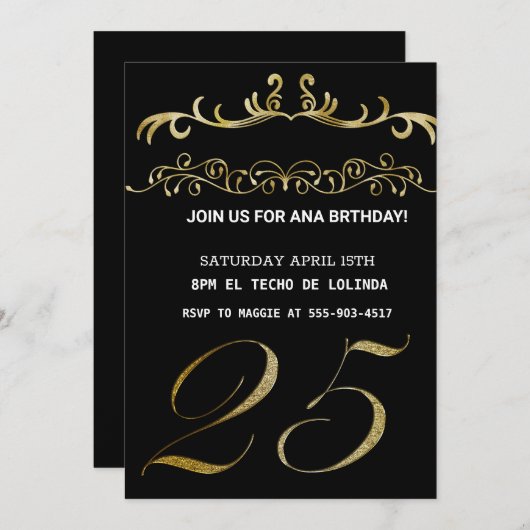 ZWARTE GOLDEN ELEGANT INVITATIE VOOR UW GROTE DAG KAART (Voorkant / Achterkant)