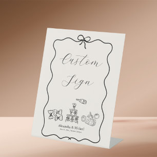 Zwarte Golvende Whimsical Italiaanse Doodle Bruilo Reclamebord Met Voetstuk