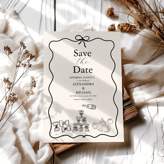 Zwarte Golvende Whimsical Italiaanse Doodle Bruilo Save The Date