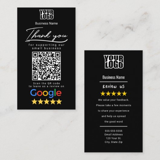 Zwarte Google Review Sjabloon met QR Code Link Visitekaartje (Voorkant / Achterkant)