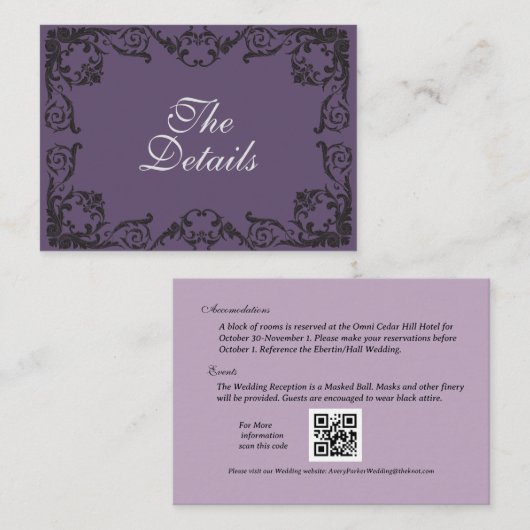 Zwarte Gothic Bruiloft QRC Bruiloft Details Behuiz Informatiekaartje (Voorkant / Achterkant)