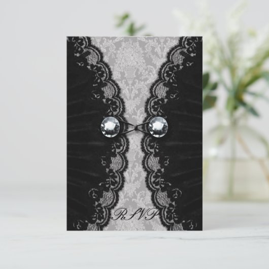 Zwarte Gothic en diamant RSVP Kaartje (Staand voorkant)