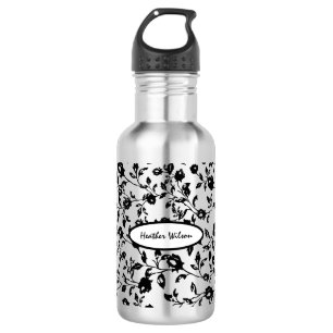 Zwarte Gothic Floral Water Flacon met naam Waterfles